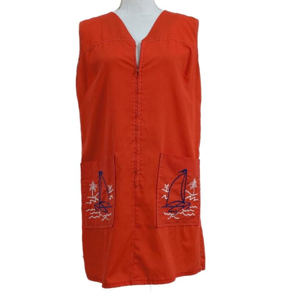 Vintage 1960s Gilead Zip-Front Orange House Dress w/ Embroidered Sailboats